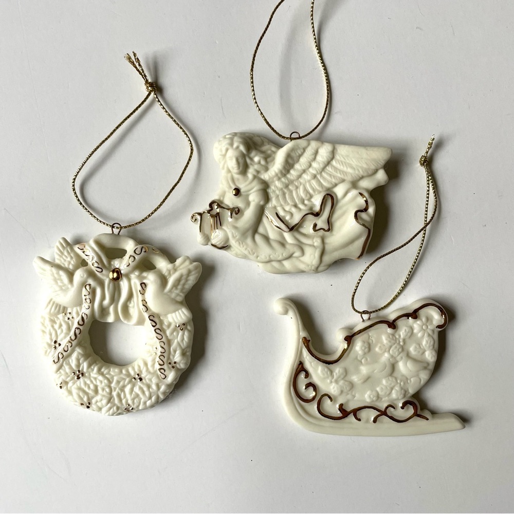 Vintage Avon Porcelain Ornaments- Angel, Wreath, Sleigh